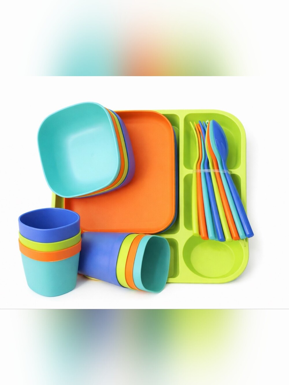 New Box Broke Colorful Kids Dinnerware Set - Bright Orange, Lime, Aqua & Blue